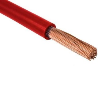Red cable with the copper strands fanned out at the cut end