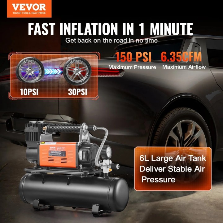 VEVOR 12V Air Compressor 6L Tank 150 PSI 6.35 CFM – Portable Tire Inflator