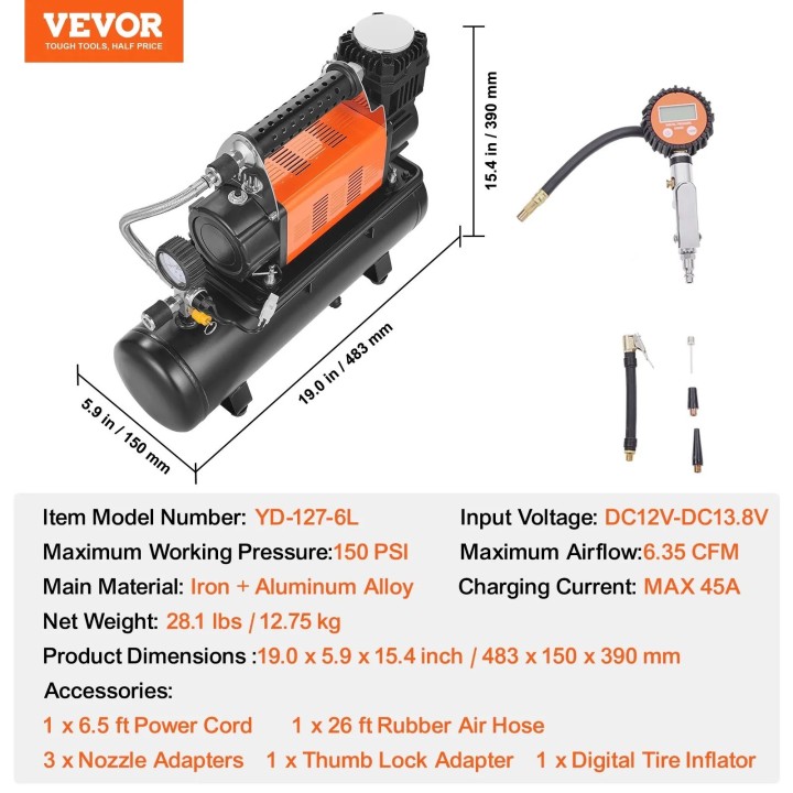 VEVOR 12V Air Compressor 6L Tank 150 PSI 6.35 CFM – Portable Tire Inflator