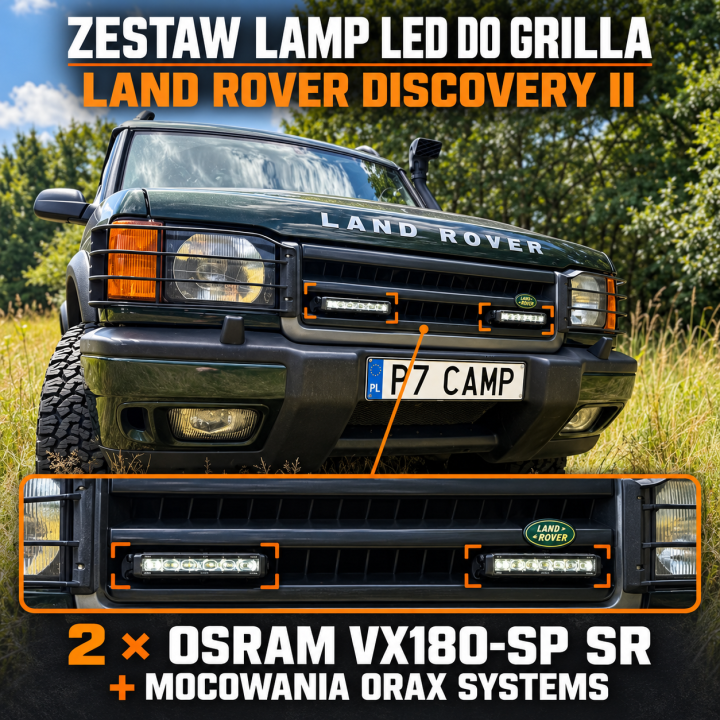 Two OSRAM VX180-SP SR LED Lamps with ORAX Systems Grille Brackets — Land Rover Discovery II - view 2