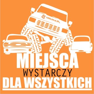 Sticker showing an off-roader climbing over two cars with a Polish slogan, 16 by 18 cm