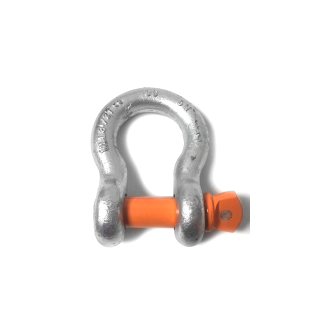 Galvanised 8.5 t bow shackle with an orange pin, side view