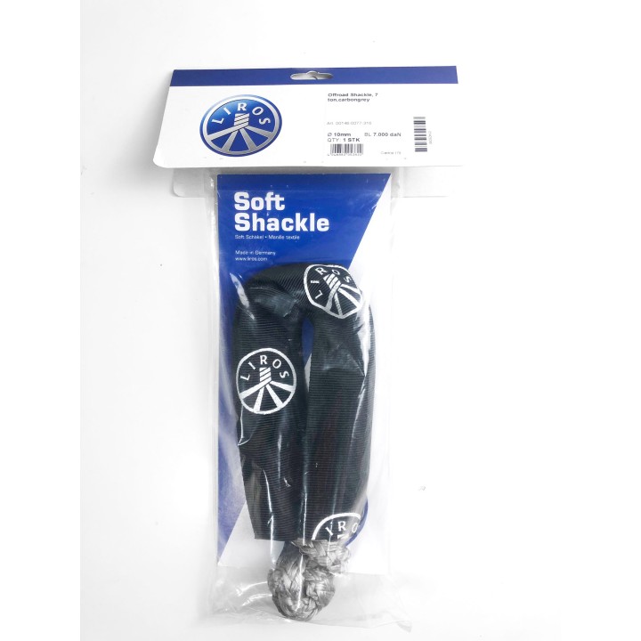 Liros soft shackle in its pack, label reading 10 mm and 7,000 daN breaking load