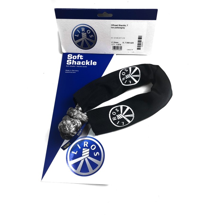Liros soft shackle on its Soft Shackle card: black sleeve and the rope knot