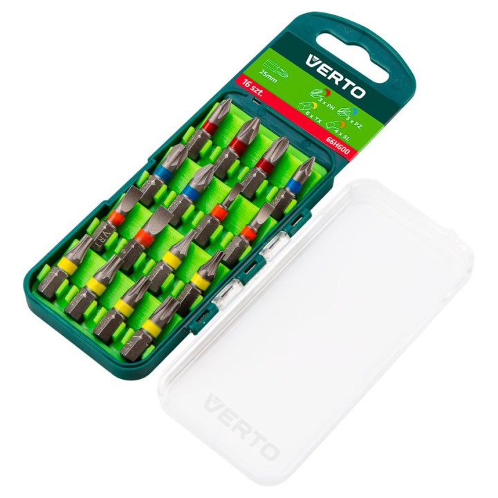 Zestaw bitów 16 szt., 25 mm -  3 x PH, 3 x PZ, 4 x SL, 6 x TX (CrV)