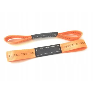 Two orange wheel-lift straps with grey reinforcement patches on the loops