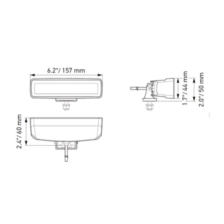 Lamp dimensions: 157 mm wide, 60 mm tall and 50 mm deep